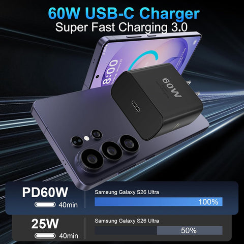 60W USB C Charger Super Fast Charging 3.0 for Samsung Galaxy S26 Ultra, Type C Charger Block with 6.6 FT Long USB C Fast Charging Cable for Samsung Galaxy S26 Ultra/S26/S26+/S25 S24 S23 S22