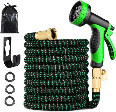 100 ft Expandable Garden Hose - Kink Free Flexible Water Hose 100ft with 10 Pattern Spray Nozzle, 3/4 Solid Brass Connectors, Retractable Latex Core - Lightweight Expanding Hose
