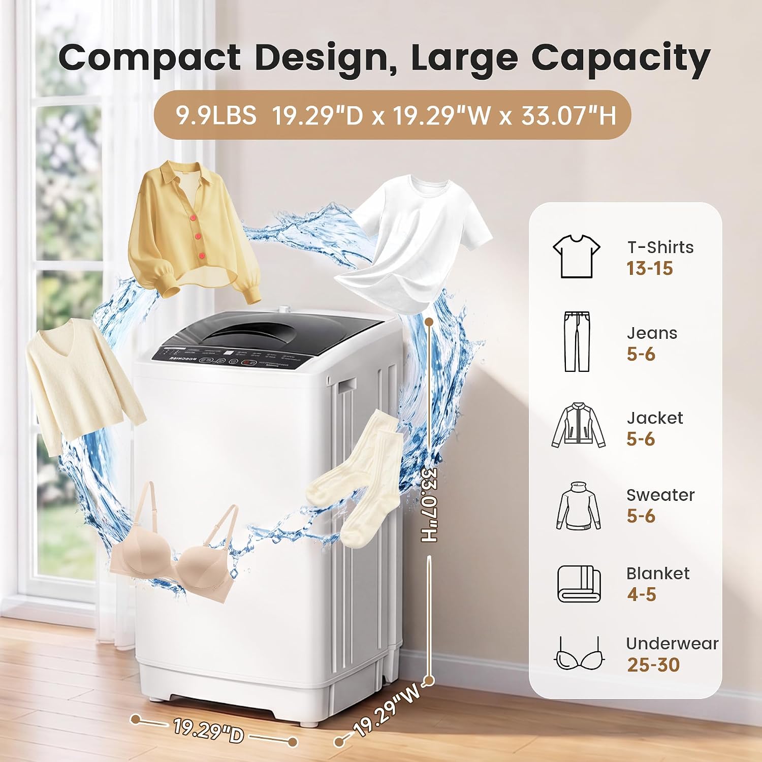 BANGSON 1.31 Cu.Ft Portable Washing Machine, Compact Washer 8 Programs
