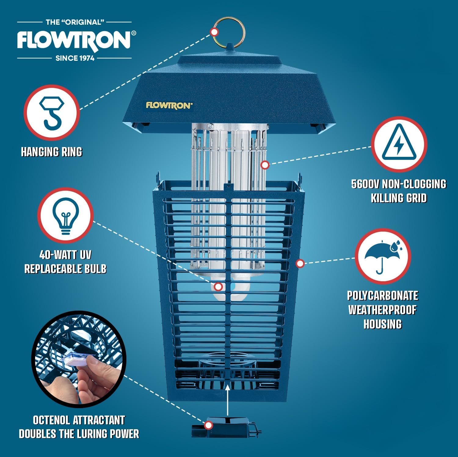 Flowtron Electric Bug Zapper, 1 Acre Outdoor, 40W UV, 5600V Zap, Blue