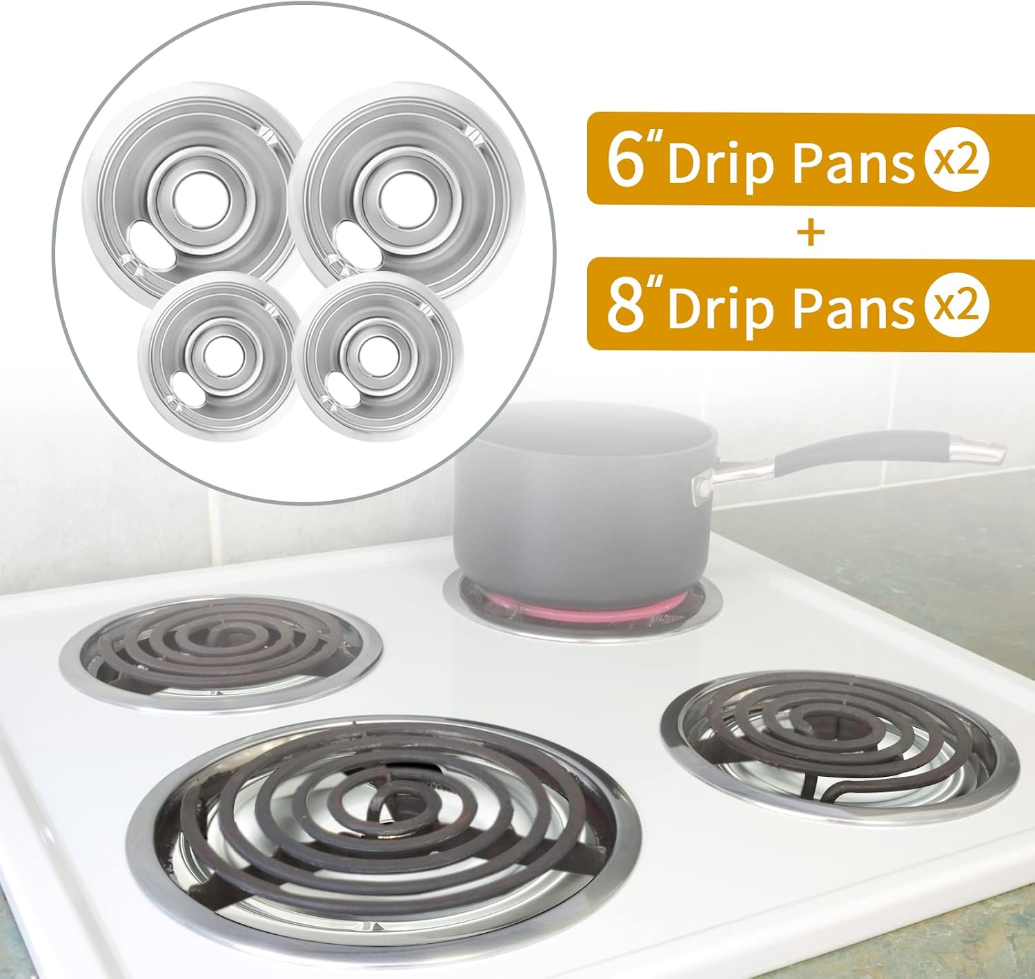 4-Piece Drip Pans Set - Compatible with GE Stoves - Chrome Finish Electric Stove Burner Drip Pans - 2 x 6inch, 2 x 8inch Stove Drip Pans - GE Stove Drip