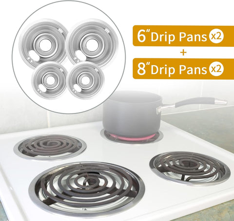 4-Piece Drip Pans Set - Compatible with GE Stoves - Chrome Finish Electric Stove Burner Drip Pans - 2 x 6inch, 2 x 8inch Stove Drip Pans - GE Stove Drip