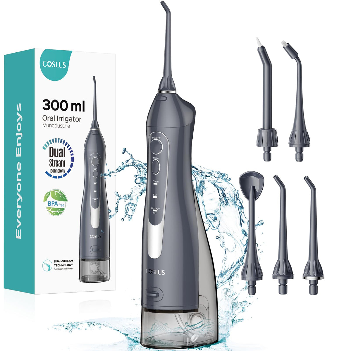 COSLUS Water Dental Flosser Teeth Pick: Portable Cordless Oral Irrigator 300ML Rechargeable Travel Irrigation Cleaner IPX7 Waterproof Electric Flossing Machine for Teeth Cleaning C20(F5020E) Grey