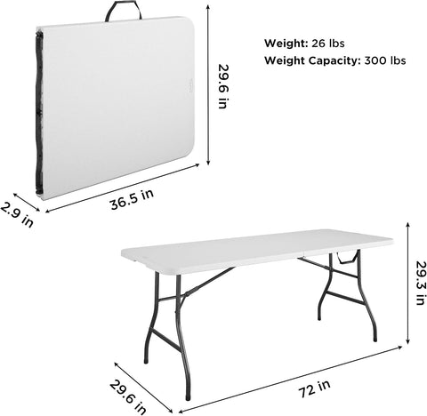 Cosco 6ft Fold-in-Half Blow Molded Folding Table, Indoor/Outdoor, Comfort Handle, Lightweight Plastic Construction - White