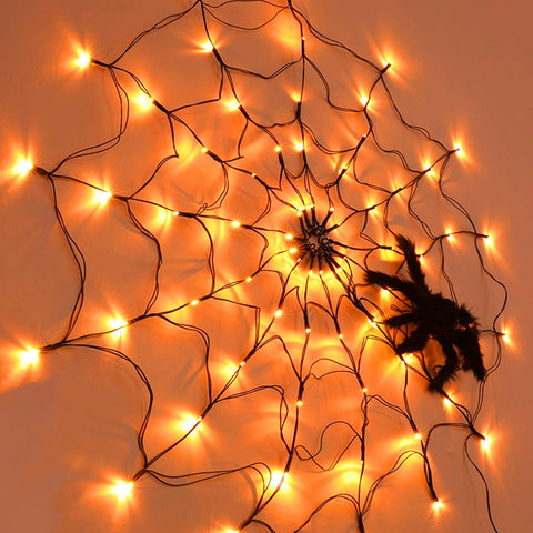 FUNPENY Halloween 80 LED Orange Spider Web Lights with Spider, Battery Powered 8 Modes Light up Cobweb Halloween Decorations for Indoor Ourdoor Garden Yard Home Patio (Orange)