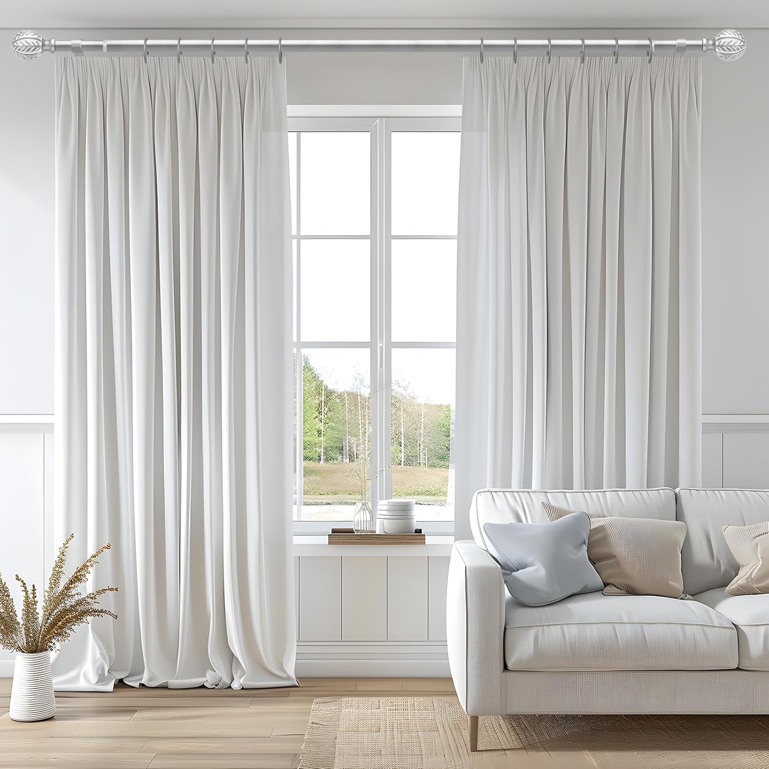 QDWIS Silver Curtain Rods for Windows 72 to 144 inch,1" Adjustable Heavy Duty Window Curtain Rod Leaf Finials,Rustic Decorative Drapery Rods Set,Size:36-150''