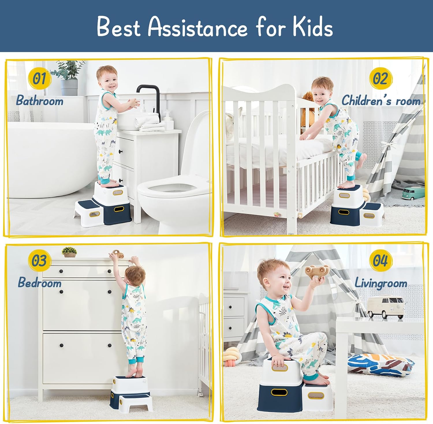 Blue&Yellow Toddler Boy Step Stool for Bathroom Sink, Toilet Stool for Kids