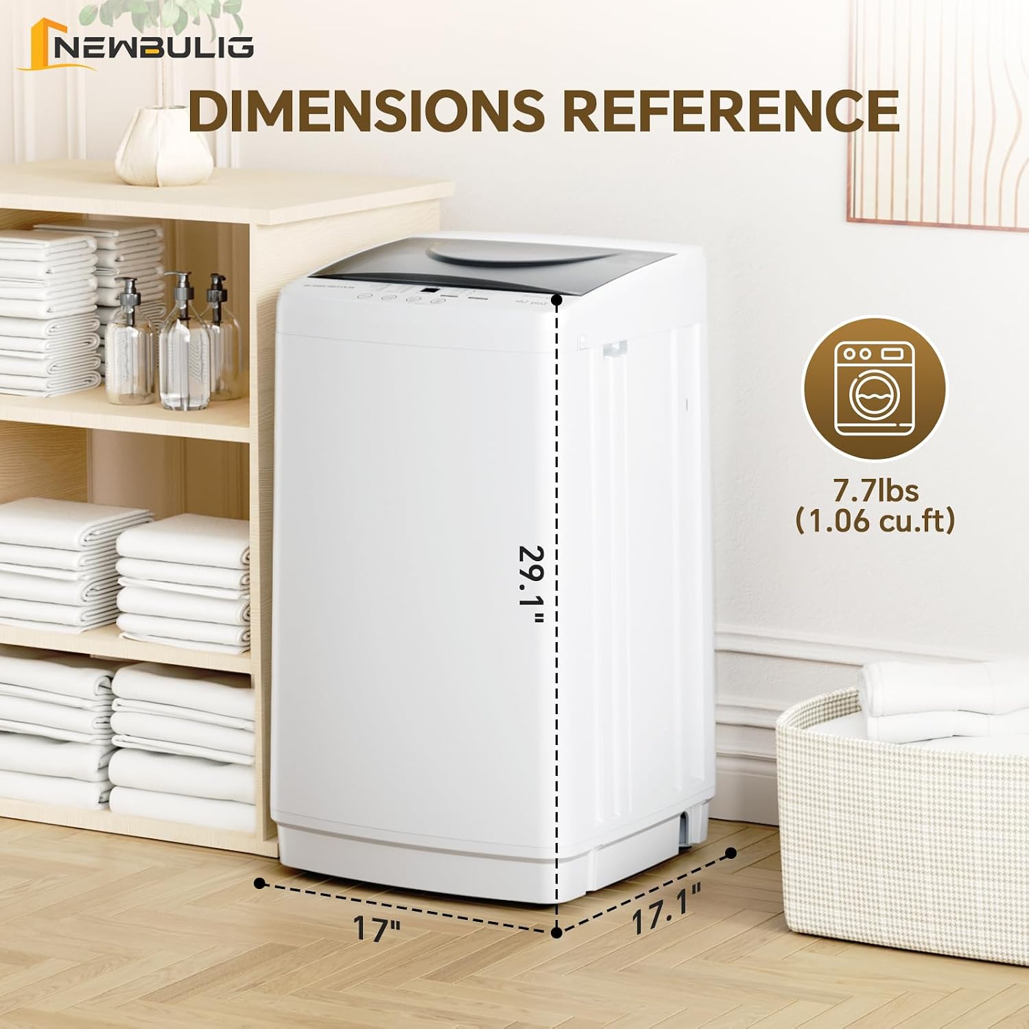 NEWBULIG 1.06 Cu.Ft Portable Washing Machine, 7.7 lbs Capacity Full-Automatic Compact Washer with 10 Wash Cycles & Auto-Balance, for Apartment RV Dorm Camping