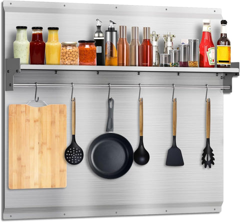 30" x 24" Stainless Steel Stove Backsplash, Kitchen Wall Splash Guard Protector with Built‑in Shelf & Hanging Rack, Easy‑to‑Clean Range Backsplash
