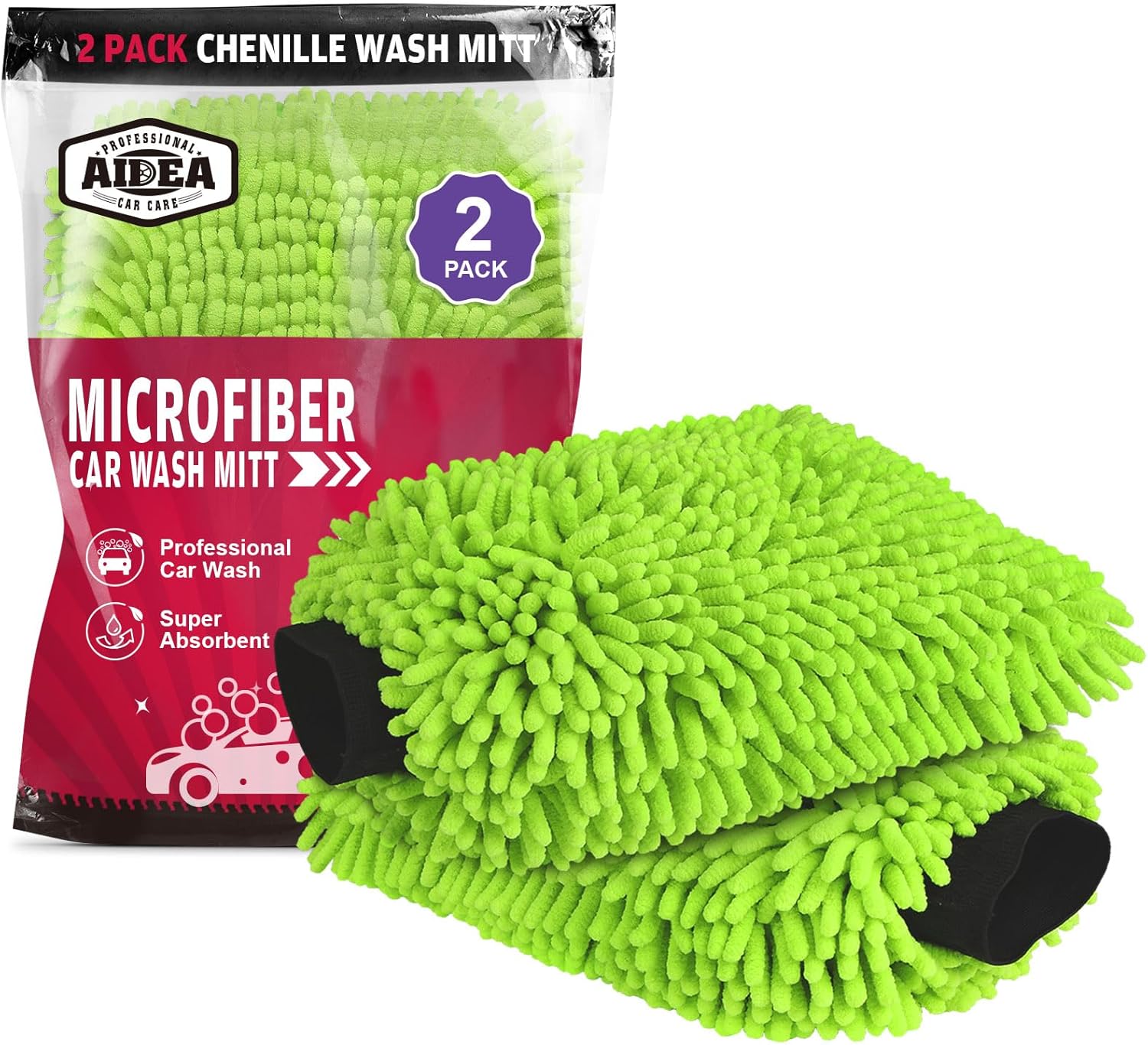 AIDEA Car Wash Mitt Microfiber-2PK, Car Wash Brush, Green, 7.12''X10.14''