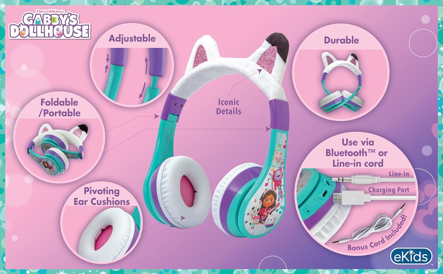 Gabbys Dollhouse Bluetooth Headphones for Kids, Wireless Headphones