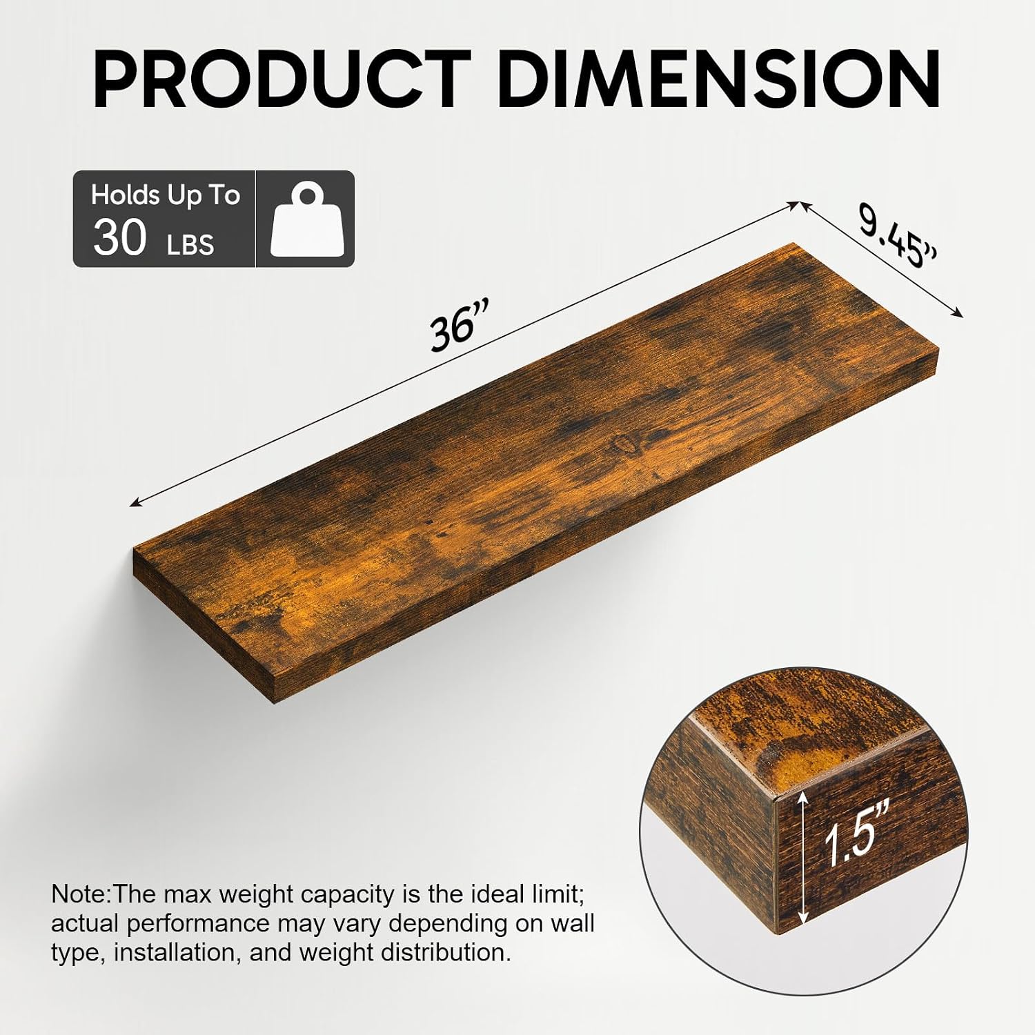 BAYKA Floating Shelves for Wall, 36" Wall Mounted Rustic Wood Shelves for Bathroom, Bedroom, Living Room, Kitchen, Office, Hanging Shelf for Books/Storage/Decor(Rustic Brown,Set of 2)