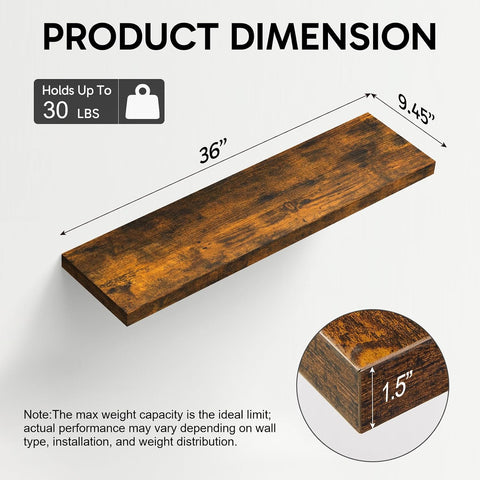 BAYKA Floating Shelves for Wall, 36" Wall Mounted Rustic Wood Shelves for Bathroom, Bedroom, Living Room, Kitchen, Office, Hanging Shelf for Books/Storage/Decor(Rustic Brown,Set of 2)