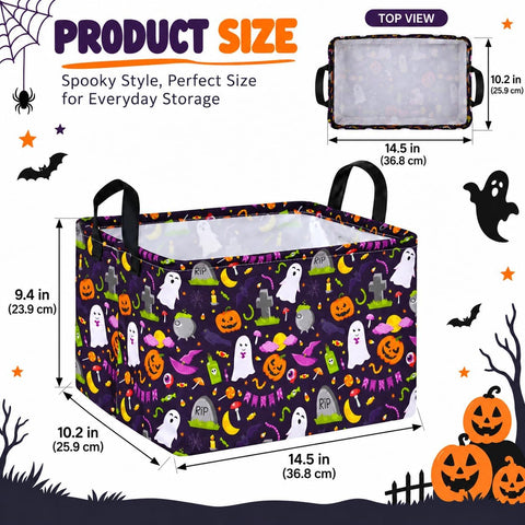 Halloween Ghost Storage Basket with Handles, Pumpkin Print Collapsible Rectangular Organizer Bin, Cotton Linen Gift Basket, Laundry Hamper Toy Storage Box for Bedroom Closet Shelf Home Decor