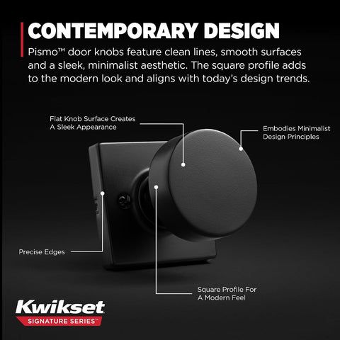 Kwikset Pismo Dummy Door Knob, Single Sided Handle for Closets, French Double Doors, and Pantry, Matte Black Non-Turning Interior Push/Pull Door Knob, with Microban Protection