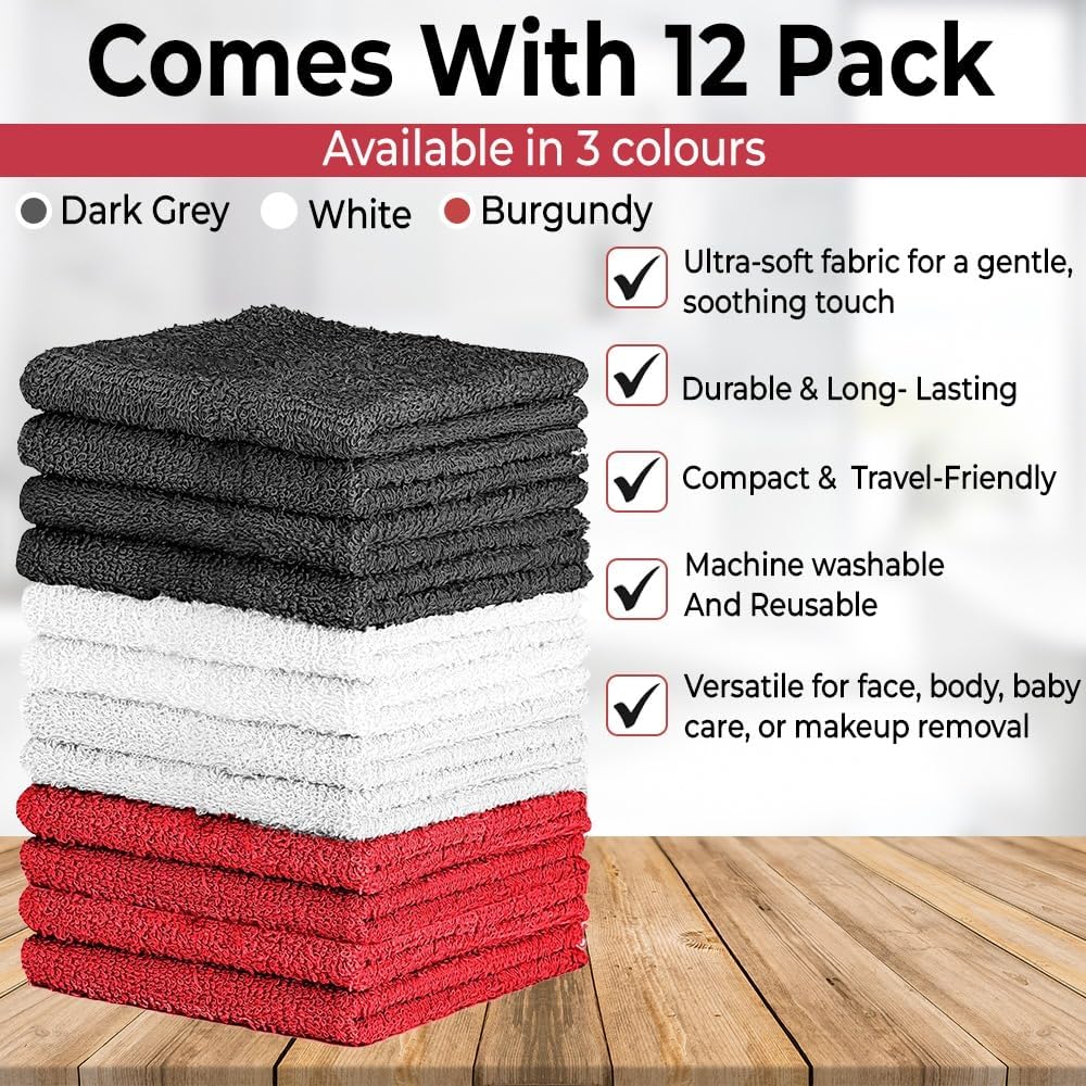 QUBA LINEN 100% Cotton Washcloth Set – Soft, Absorbent Face Towels for Bathroom & Gym Use – Durable & Reusable Wash Cloths - Dark Grey, White & Burgundy, 12x12 Inches, Pack of 12