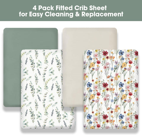 Little Grape Land Crib Sheets 4 Pack for Boys and Girls, Baby Neutral Crib Fitted Sheets for Standard Crib & Toddler Mattress, Super Soft Breathable Fitted Crib Sheet Set, Wildflower & Leaves