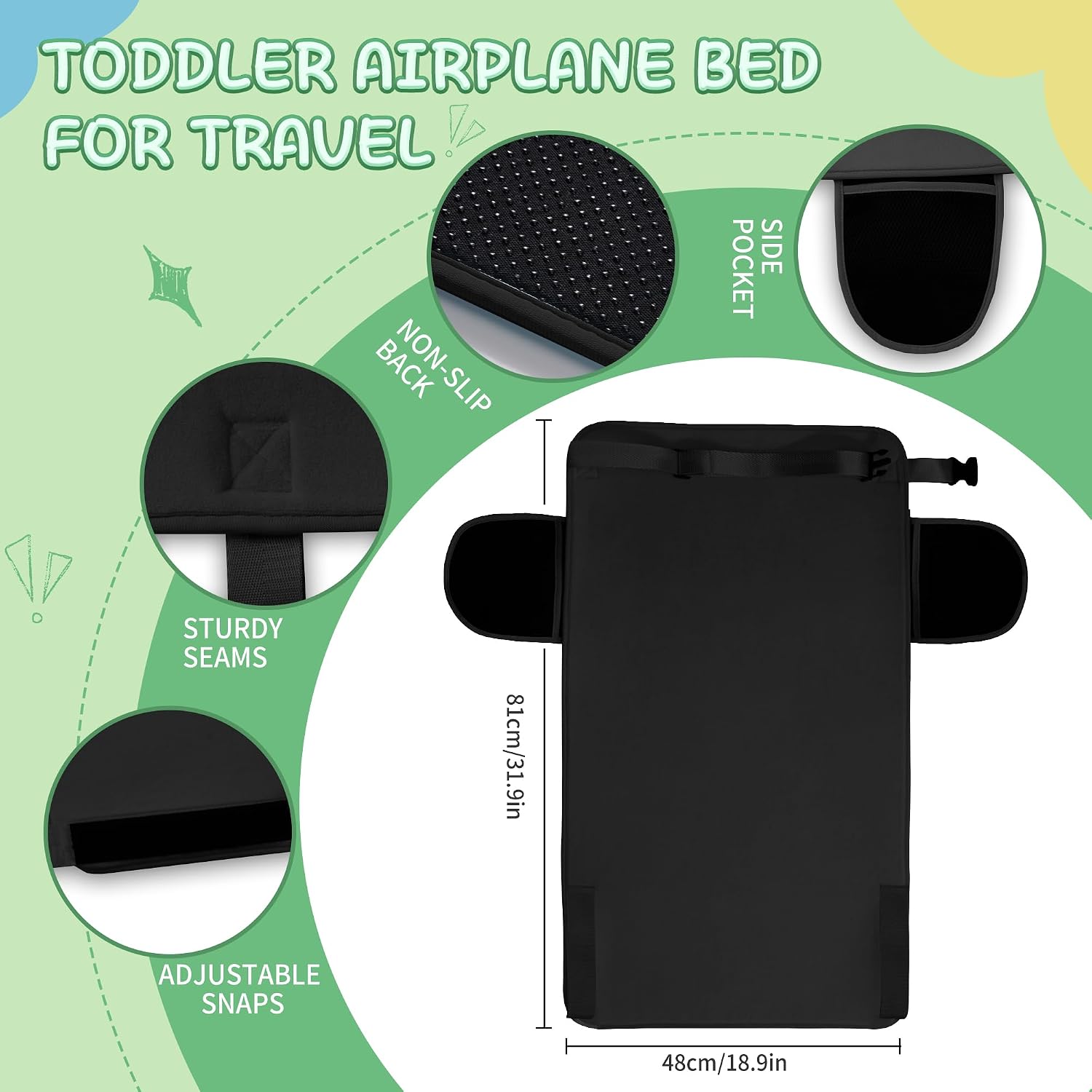 Black Toddler Airplane Bed, Portable Airplane Seat Extender Travel Bed for Kids, Soft Baby Plane Travel Essentials for Flying, Toddlers Long Flight Must Haves Footrest