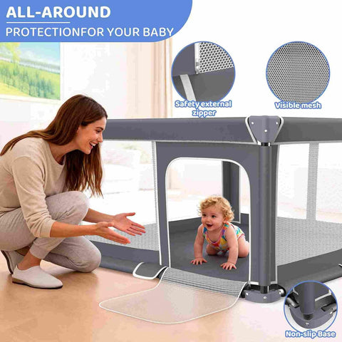 Foldable Baby Playpen Portable Travel Play Yard, Dark Gray