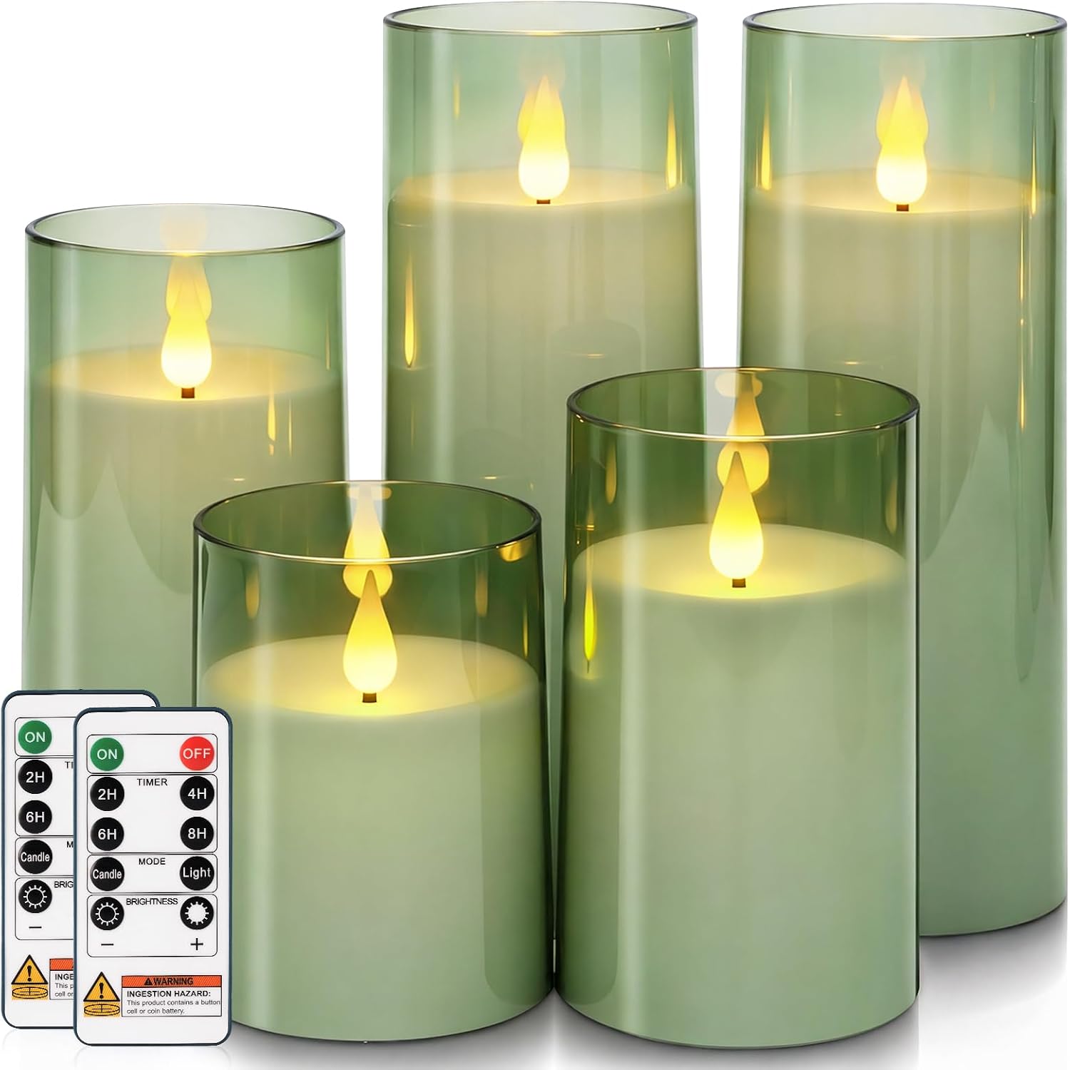 Homemory Sage Green Flameless Candles, Acrylic LED Pillar Candles with Remote Timer, Set of 5