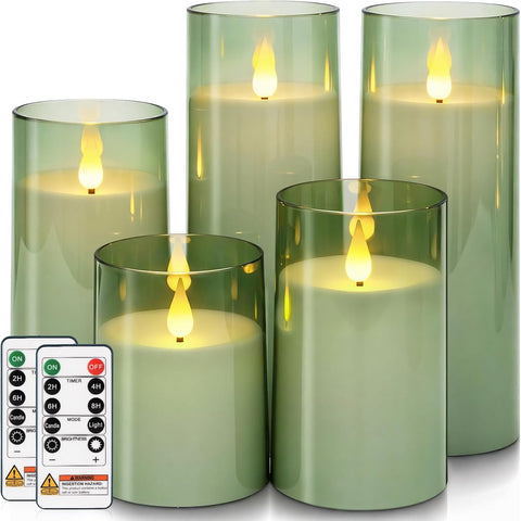 Homemory Sage Green Flameless Candles, Acrylic LED Pillar Candles with Remote Timer, Set of 5
