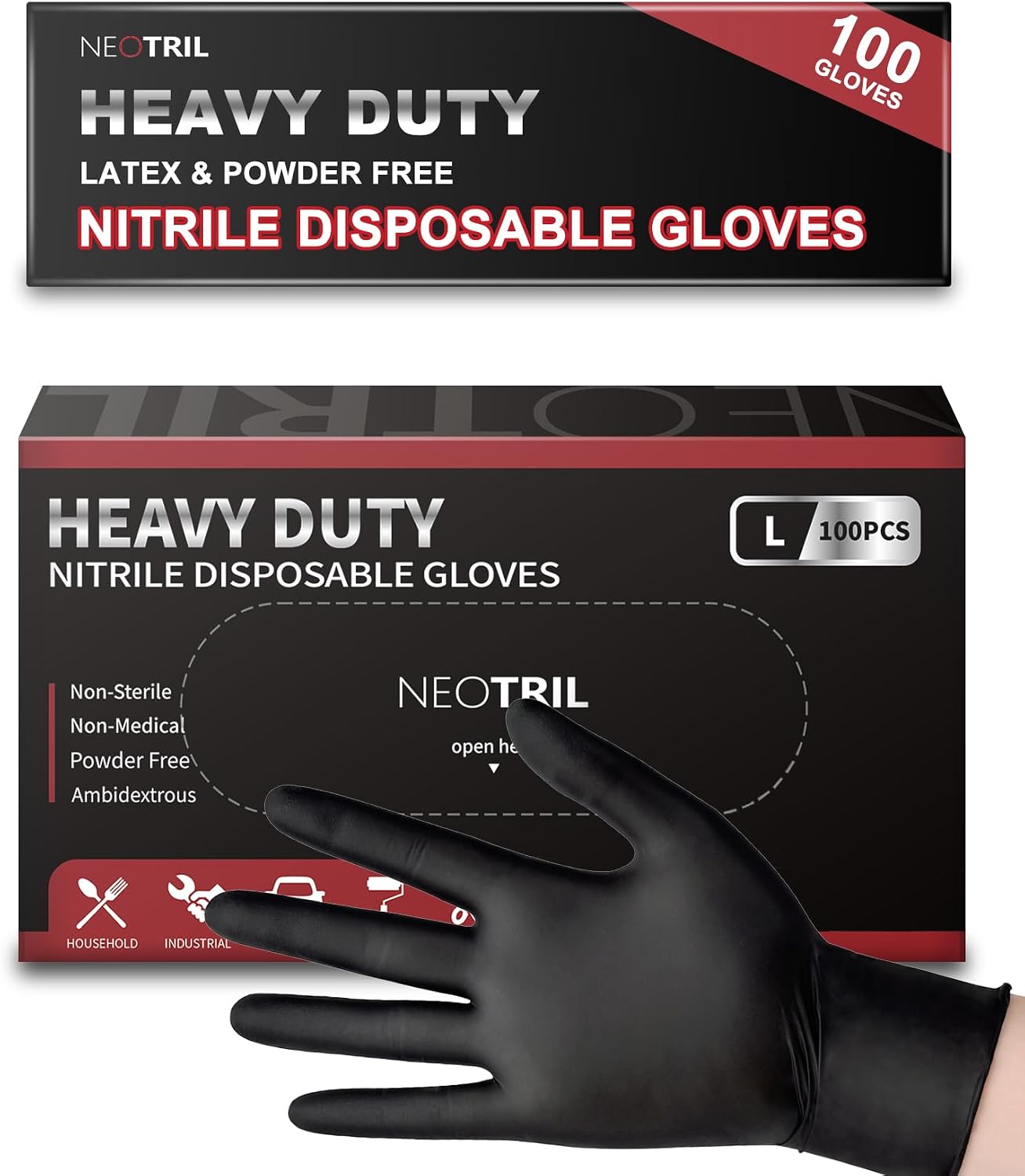 NEOTRIL 6 Mil Heavy Duty Black Nitrile Disposable Gloves, Latex Powder-Free, Textured Rubber Gloves for Cooking Mechanic
