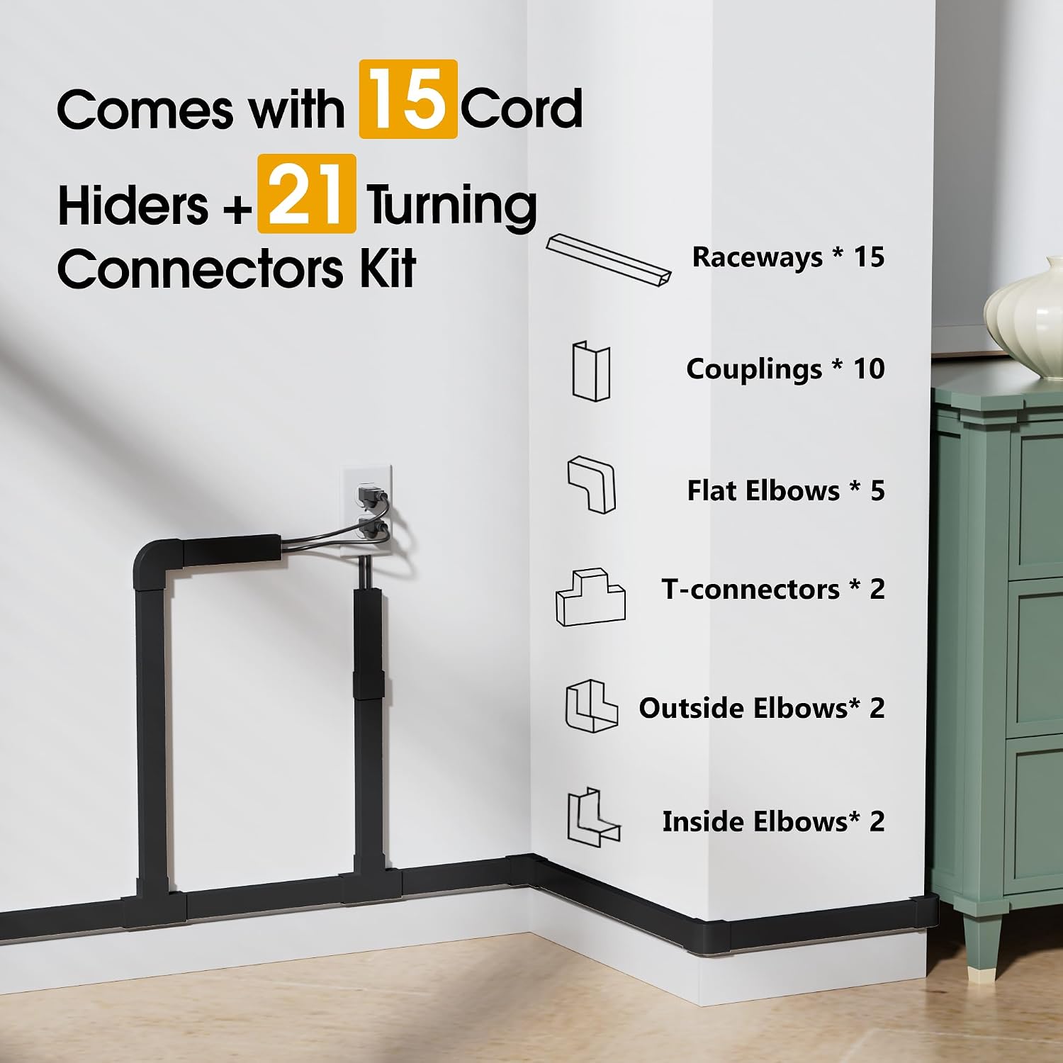 212.6in Cord Covers for 2-3 Wires on Wall, TV Cord Hider Wall, Easier Set-up Wire Hider Wire Covers for Cords on Wall, Paintable Cable Hider Raceway,Self-Adhesive Cable Cover, W0.95 H0.55in, Black