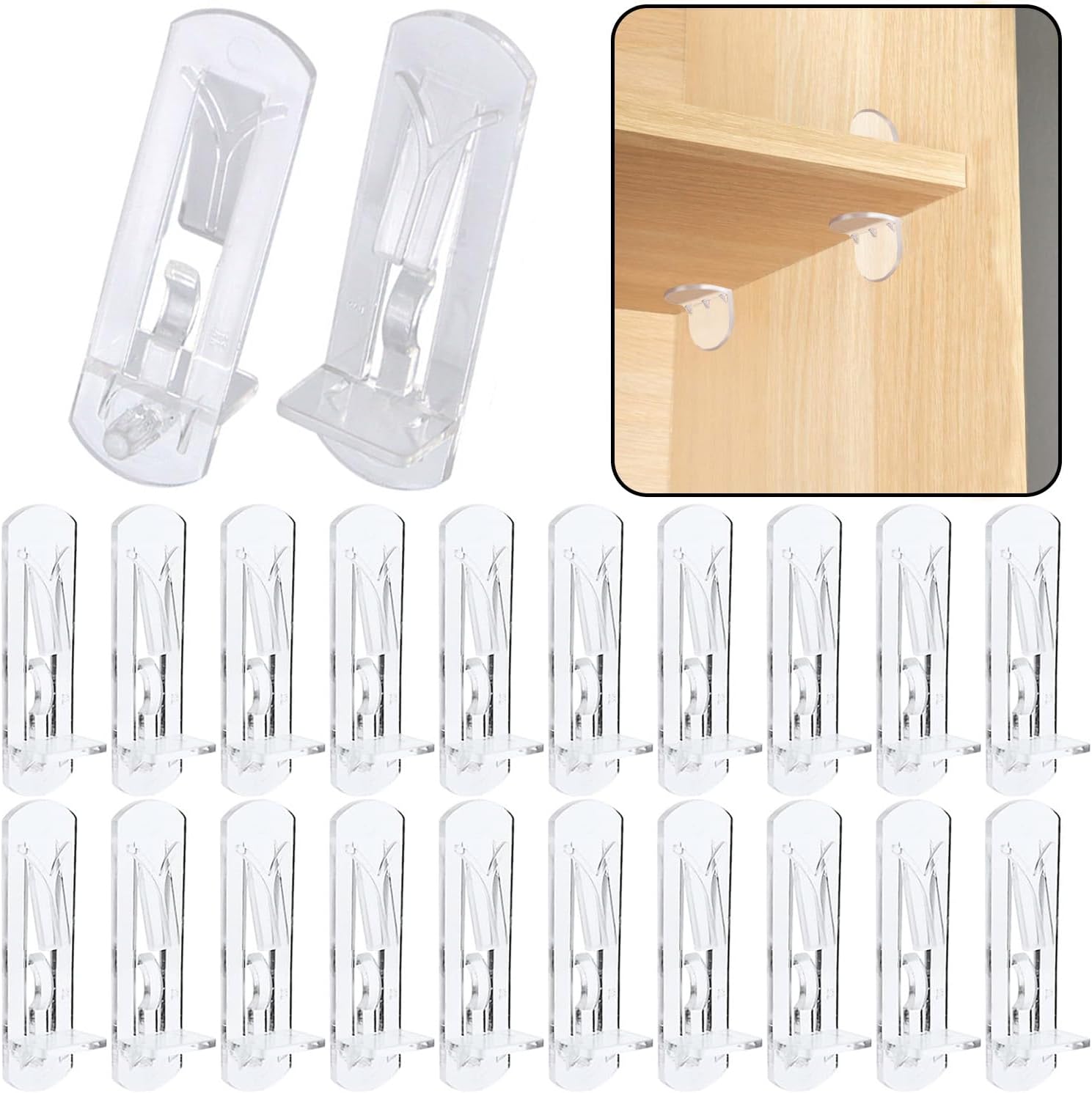 20pcs Plastic Locking Shelf Support Pegs,7.9mm Shelf Pin,Self-Locking Bracket Clips,Clear Shelf Pegs for for Kitchen Cabinet Furniture Book Shelves, 5/16" Peg x 3/4" Thick Shelves