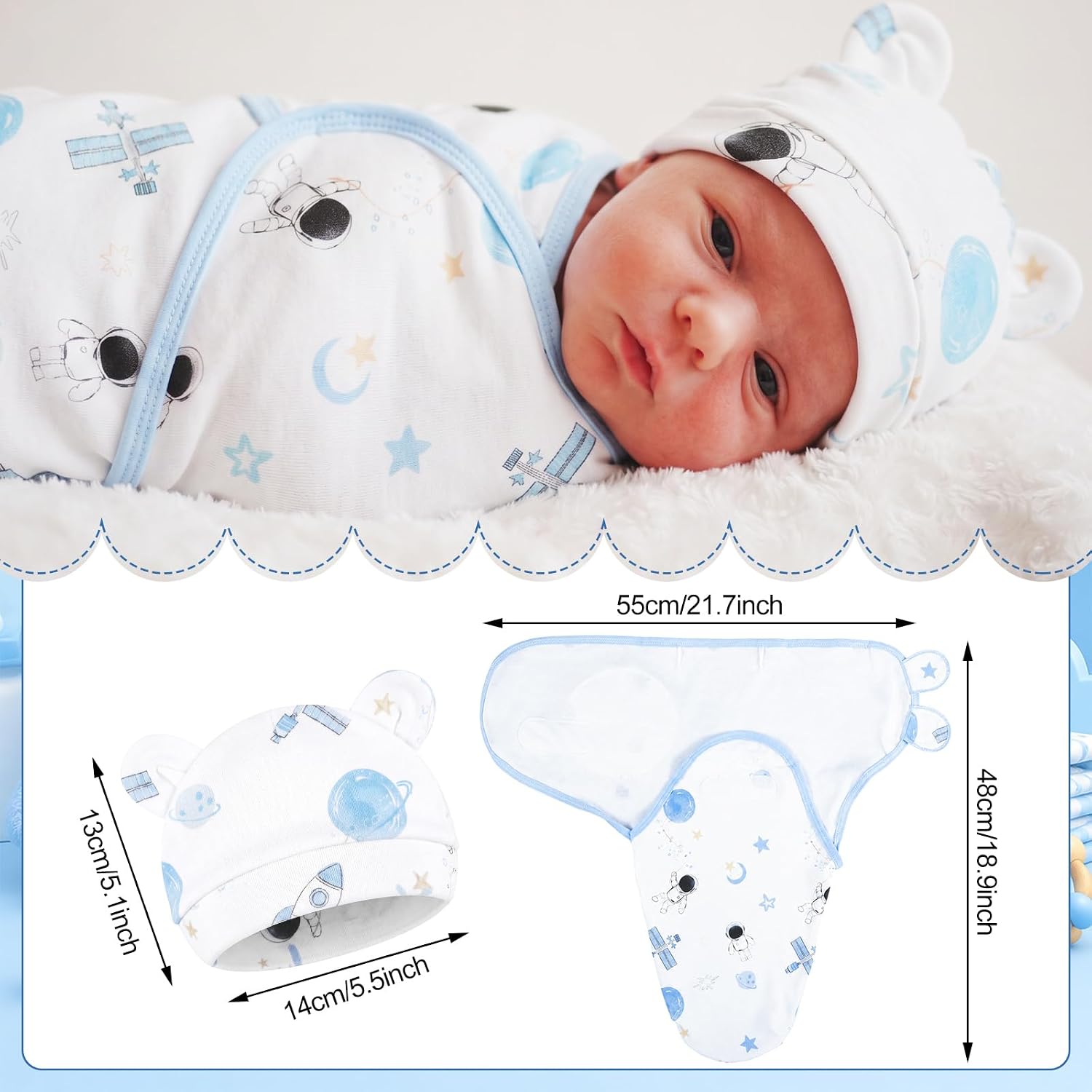 Buryeah 4 Pack Preemie Swaddle Blankets with Hats, Preemie, Space, Blue