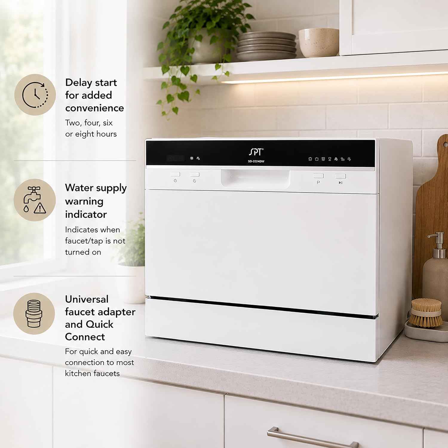 SPT SD-2224DW ENERGY STAR Countertop Dishwasher with Delay Start - Portable Dishwasher with Stainless Steel Interior and 6 Place Settings for Apartment Office And Home Kitchen, White