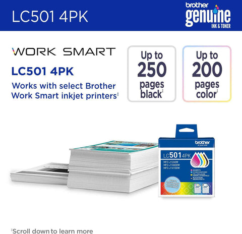 Brother Genuine LC5014PK 4-Pack (1 Each of) Standard Yield Black, Cyan, Magenta, and Yellow Ink Cartridges | Genuine Brother LC5014PK 4-Cartridge Set: Bk≈250 Pages, C and M and Y≈200 Pages, (1 Each of)