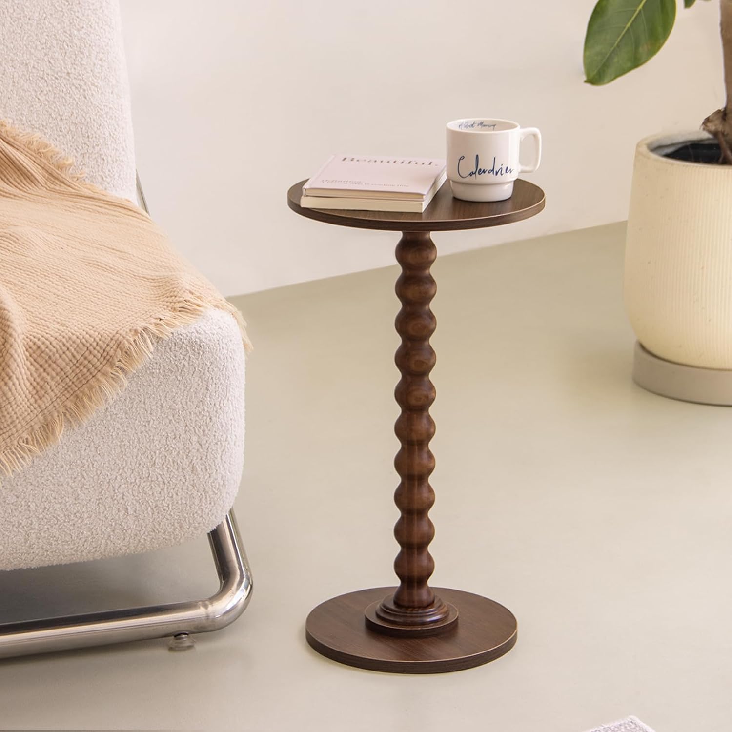 Fultyle Small Round Side Table, Walnut End Table for Small Spaces, Modern Drink Table Accent Table with Solid Wood Leg for Living Room, Bedroom, Corners, and Office (Walnut Brown)