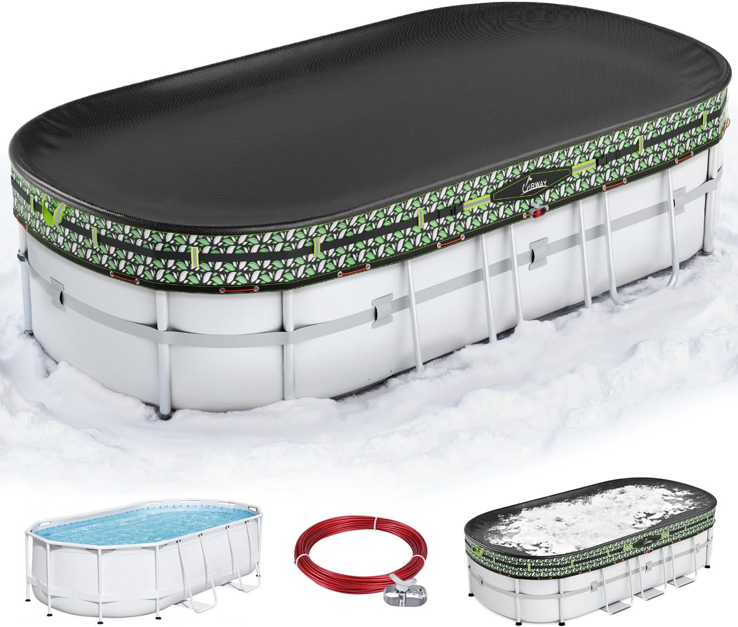 UIRWAY Upgraded 12x20 ft Oval Winter Pool Cover- 185gsm Heavy Duty Fabric Pool Cover for Above Ground Pools, Ultimate Windproof with 2 Buckle Straps & Winch and Cable Set, Cold and UV Resistant