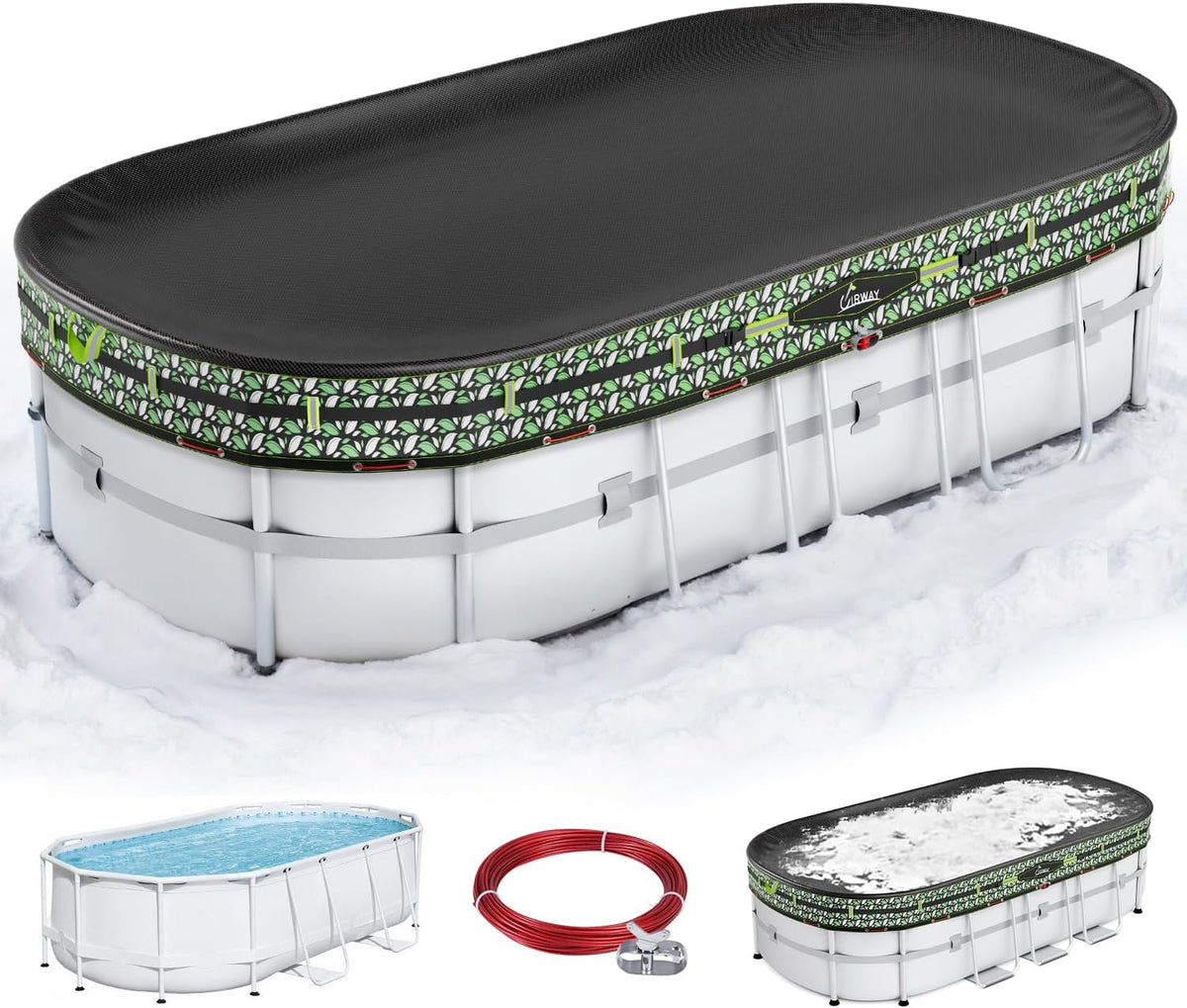 UIRWAY Upgraded 12x20 ft Oval Winter Pool Cover- 185gsm Heavy Duty Fabric Pool Cover for Above Ground Pools, Ultimate Windproof with 2 Buckle Straps & Winch and Cable Set, Cold and UV Resistant