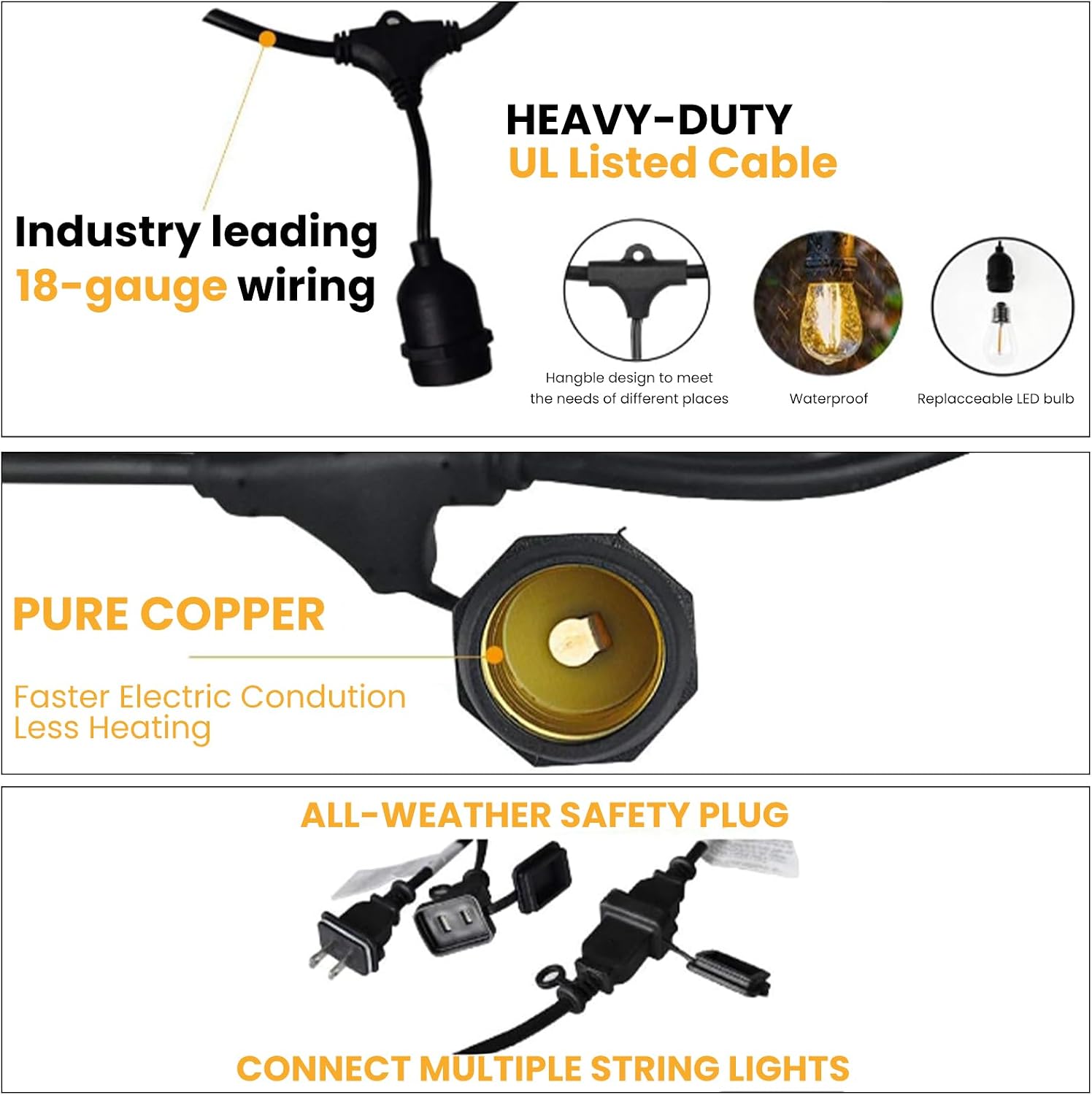 Svater 144 FT Outdoor String Lights 2W LED Outside Edison Waterproof ETL