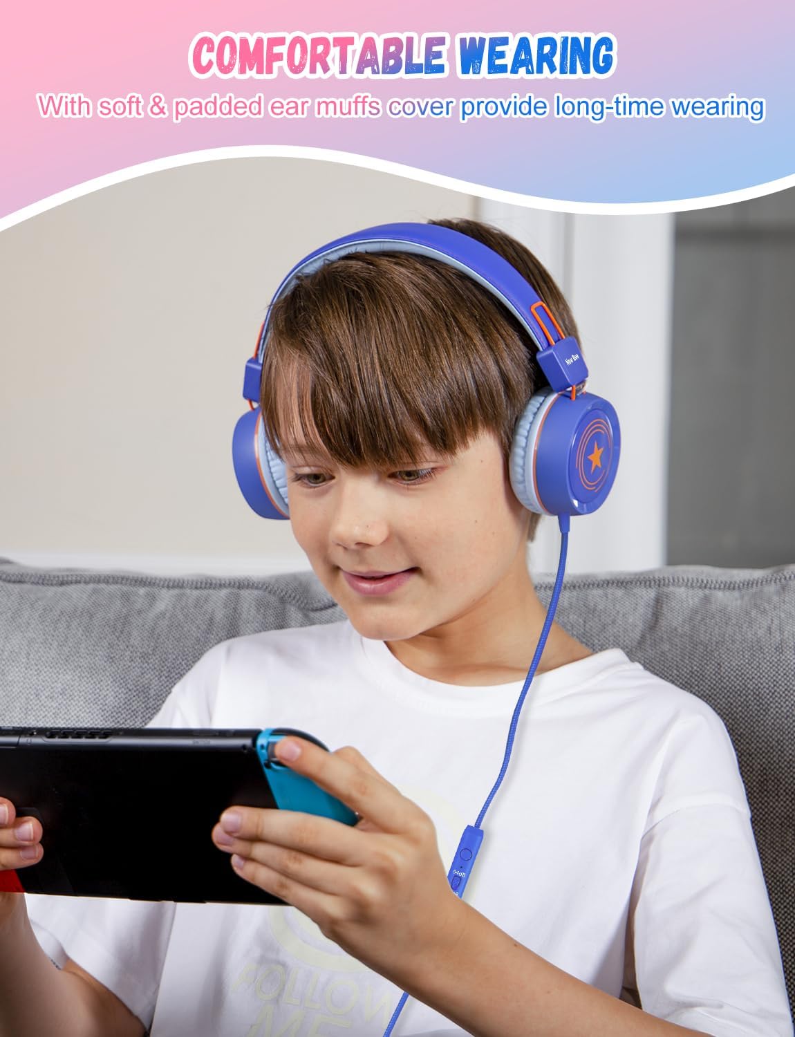 New Bee 2 Pack Kids Headphones with Microphone, 85dB/94dB Safe Volume Limited Childrens Headset, Foldable Wired Toddler Headphones Over Ear for School Travel Mac/Android/Kindle/Tablet/Pad Blue Pink