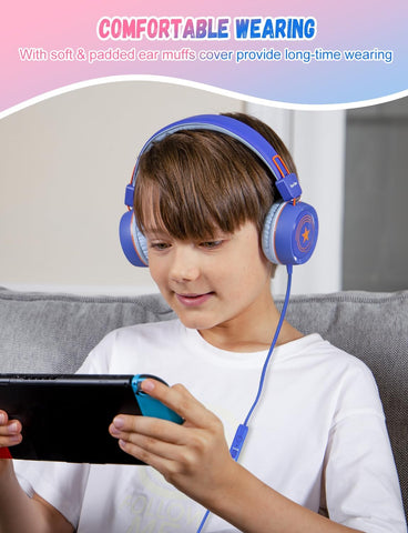 New Bee 2 Pack Kids Headphones with Microphone, 85dB/94dB Safe Volume Limited Childrens Headset, Foldable Wired Toddler Headphones Over Ear for School Travel Mac/Android/Kindle/Tablet/Pad Blue Pink