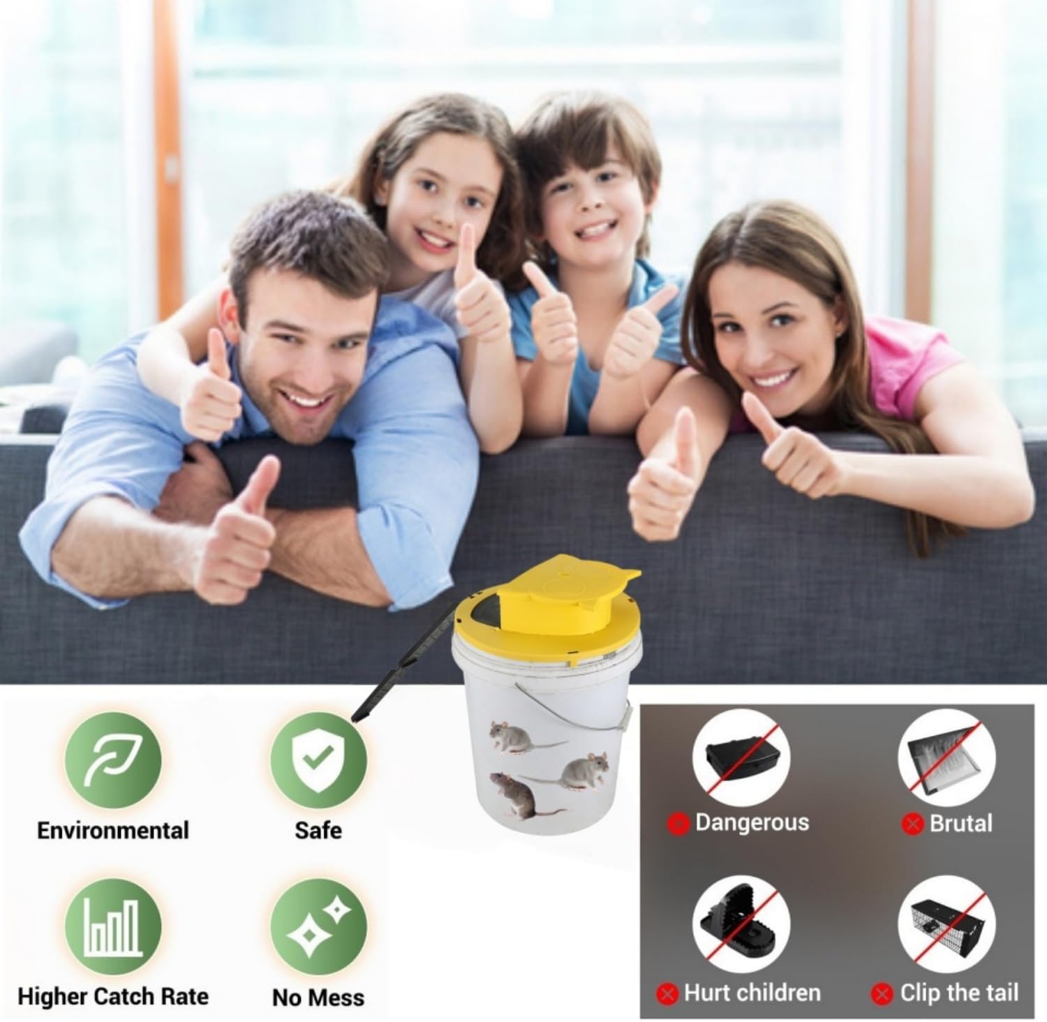 Mouse Bucket Trap, Auto-Reset Bucket Lid Mouse Trap, 5-Gallon Compatible, Efficient for Mouse Rat Trap,Multi Catch,Indoor and Outdoor(2Packs)