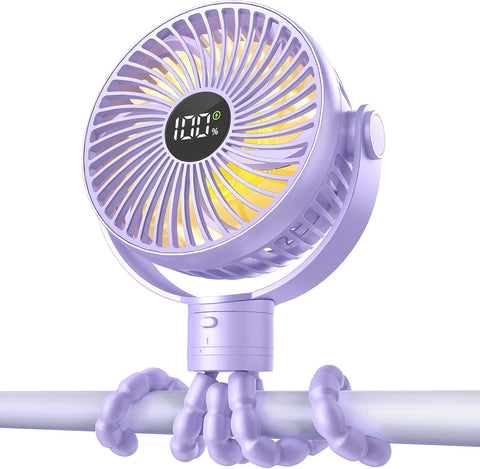 Coohea Portable Stroller Fan, 25H Long-lasting, 4 Speed, Night Light,Purple