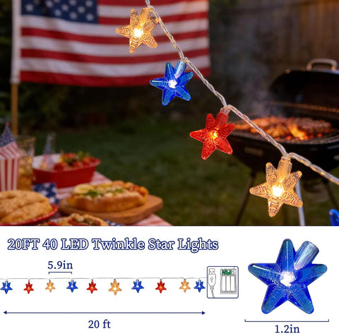 Red White Blue Patriotic String Lights 20FT 40 LED Star Fairy Lights USB and Battery Operated 2 Lighting Modes IP42 Waterproof Indoor Outdoor All Season Americana Decor for Bedroom Desk Patio Camping