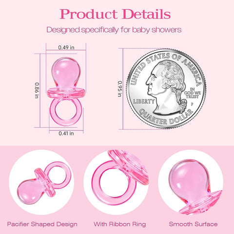 XINHUIDALSQ 150 Mini Acrylic Pacifiers for Baby Shower Game, 0.86 Inch Bulk Chupones para Gender Reveal Party Favors Table Decoration (Pink)
