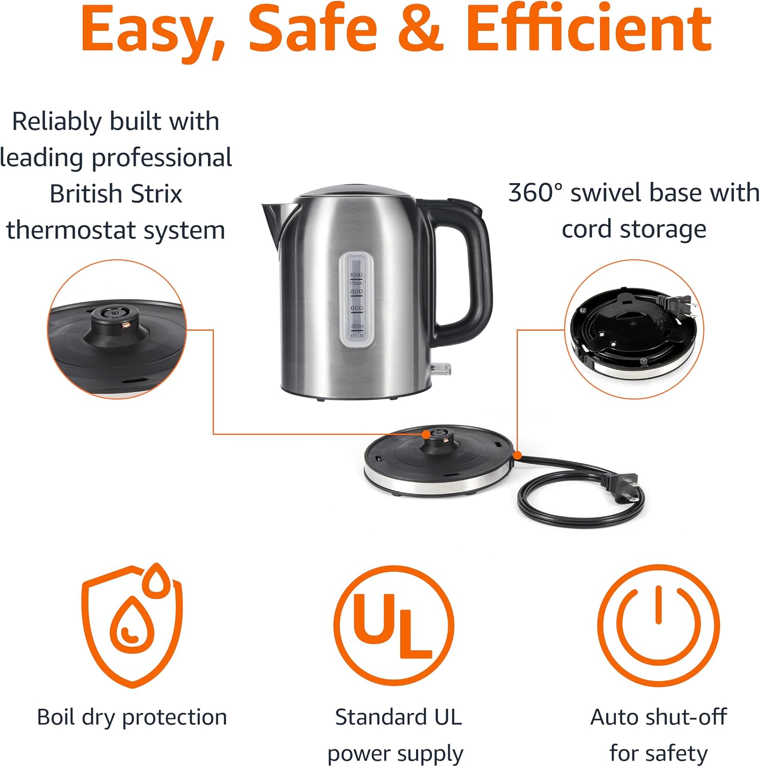 Amazon Basics Electric Kettle, Tea Kettle & Water Boiler with Auto Shut-Off, Boil Dry Protection, Strix Thermostat, BPA-Free, 1500W, 1.1Qt (1L), Stainless Steel, New Model, Black & Silver