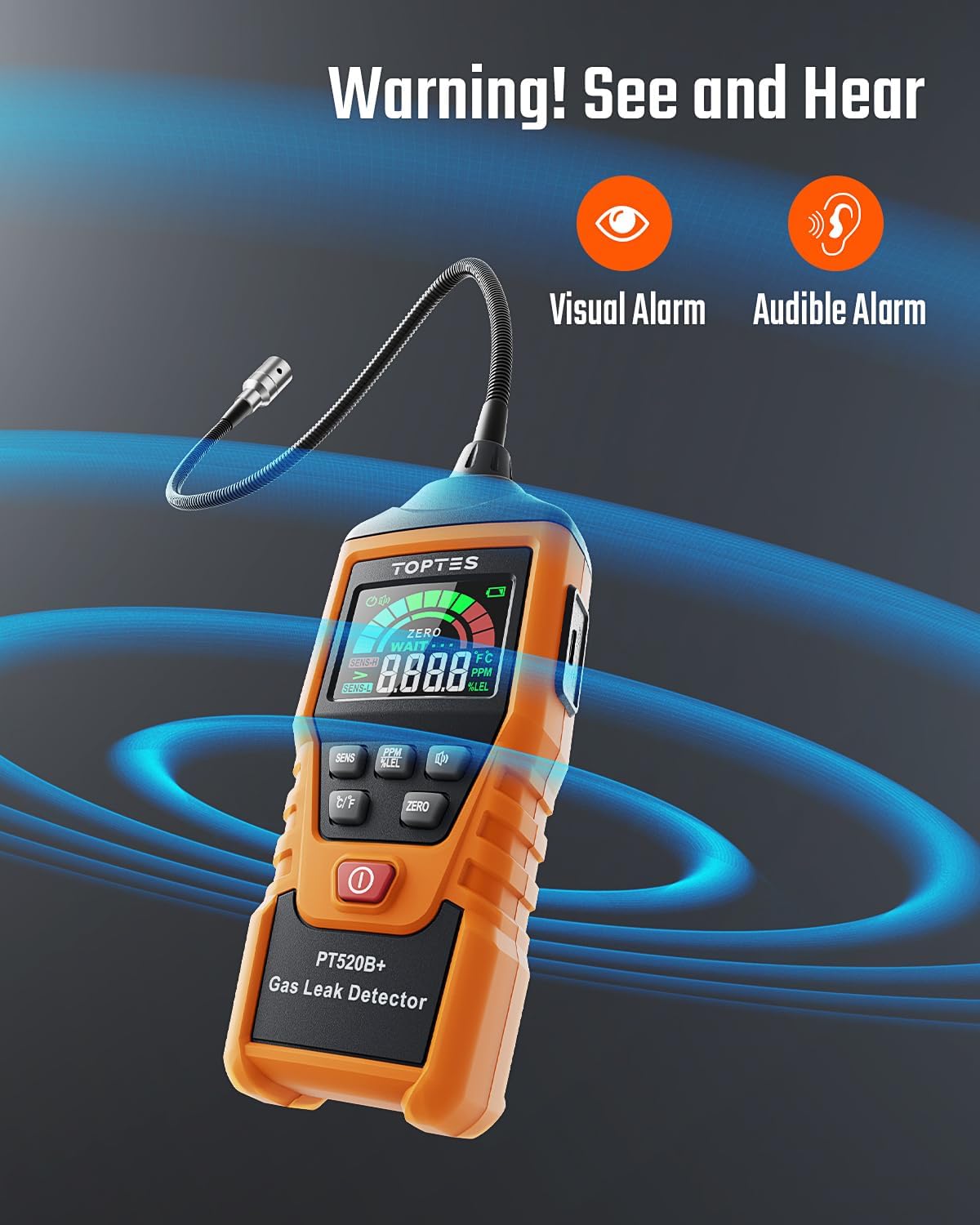 Rechargeable Gas Leak Detector, PT520B+ Natural Gas Leak Detector with a 17-inch Probe to Situate Gas Leaks for Propane, Natural Gas, Methane, LPG in RV or Home, Measuring PPM or%LEL - Orange