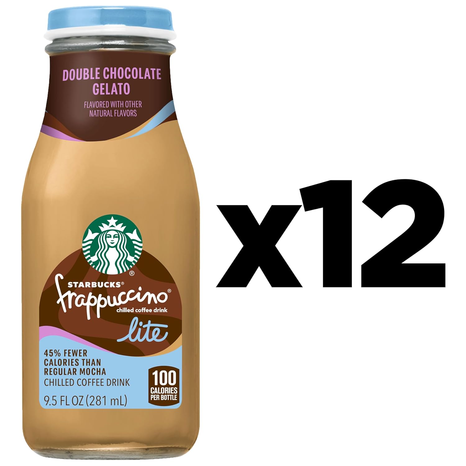 Starbucks Frappuccino Lite, Chocolate Gelato, 9.5 Fl Oz Bottles (Pack of 12), Fewer Calories, Natural Flavors, Only 100 Calories