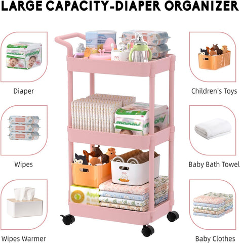 Volnamal Diaper Caddy, 3 Tier Rolling Cart for Baby Essentials, Pink