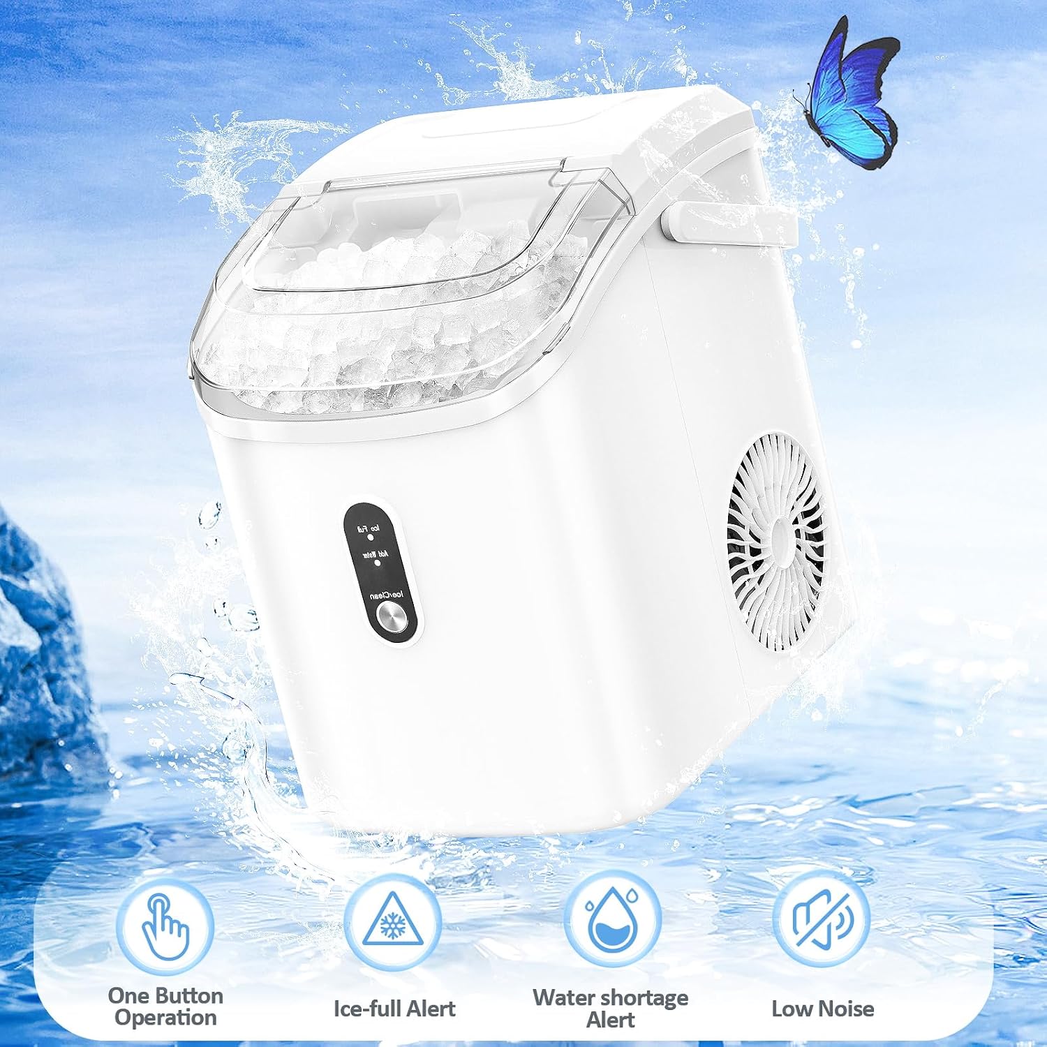 Nugget Countertop Ice Maker with Soft Chewable Pellet Ice, Automatic 34lbs in 24 Hours,Pebble Portable Ice Machine with Ice Scoop, Self-Cleaning, One-Click Operation, for Kitchen,Office White