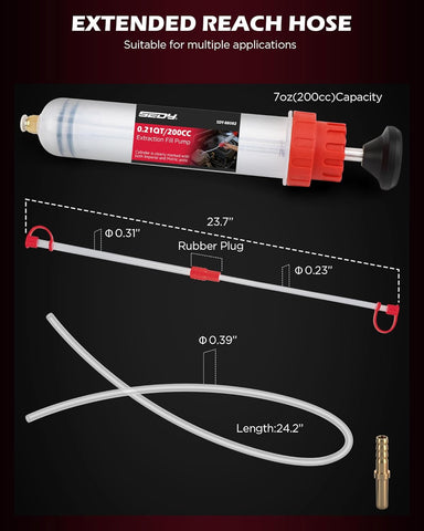 200CC Automotive Fluid Extractor Syringe Pump with Long Hose and Extension Tubes, Oil Extractor Fluid Pump Oil Evacuator and Dispenser Pump for Engine Oil, ATF, Coolant, Brake & Power Steering Fluids