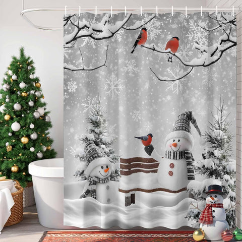 Vandarllin Winter Christmas Shower Curtain, Cute Snowman Cardinals Shower Curtains Set with Hooks, GreySnowy Pine Forest Waterproof Fabric Bathroom Curtains Decor Home Accessories,72 X 72 Inch Long