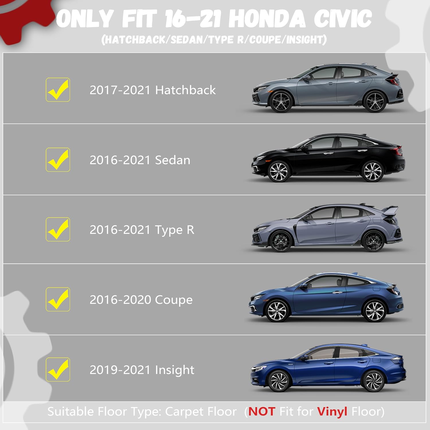 Floor Mats for Honda Civic 2016-2021 Sedan/Coupe/Type R/Insight