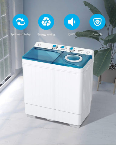 Compact Twin Tub Portable Mini Washing Machine 26lbs Capacity, Washer(18lbs)&Spiner(8lbs)/Built-in Drain Pump/Semi-Automatic (White&Blue)